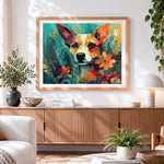 Finished terrier dog among colourful wildflowers cross stitch artwork displayed