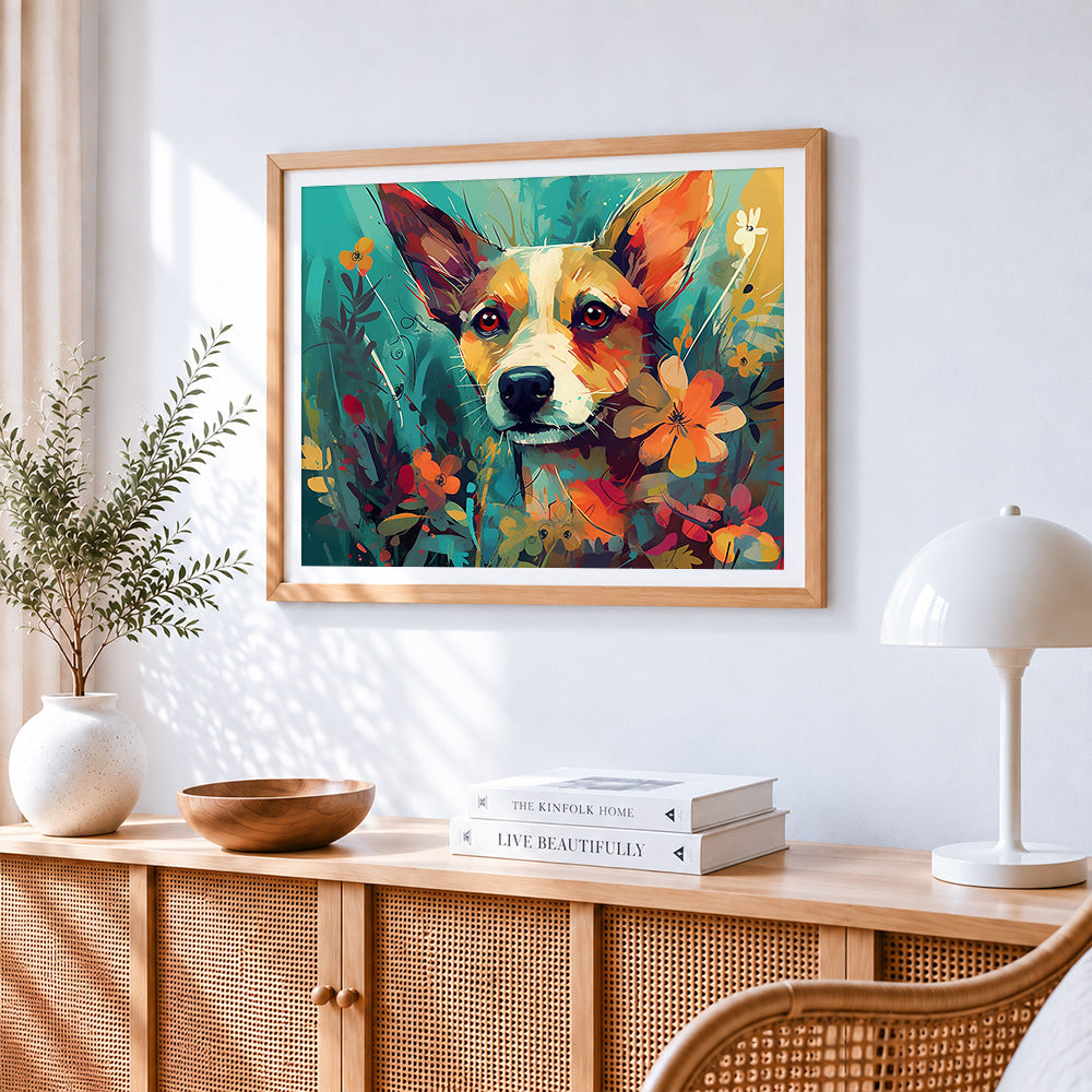 Terrier dog among colourful wildflowers cross stitch artwork displayed on wall as home decor