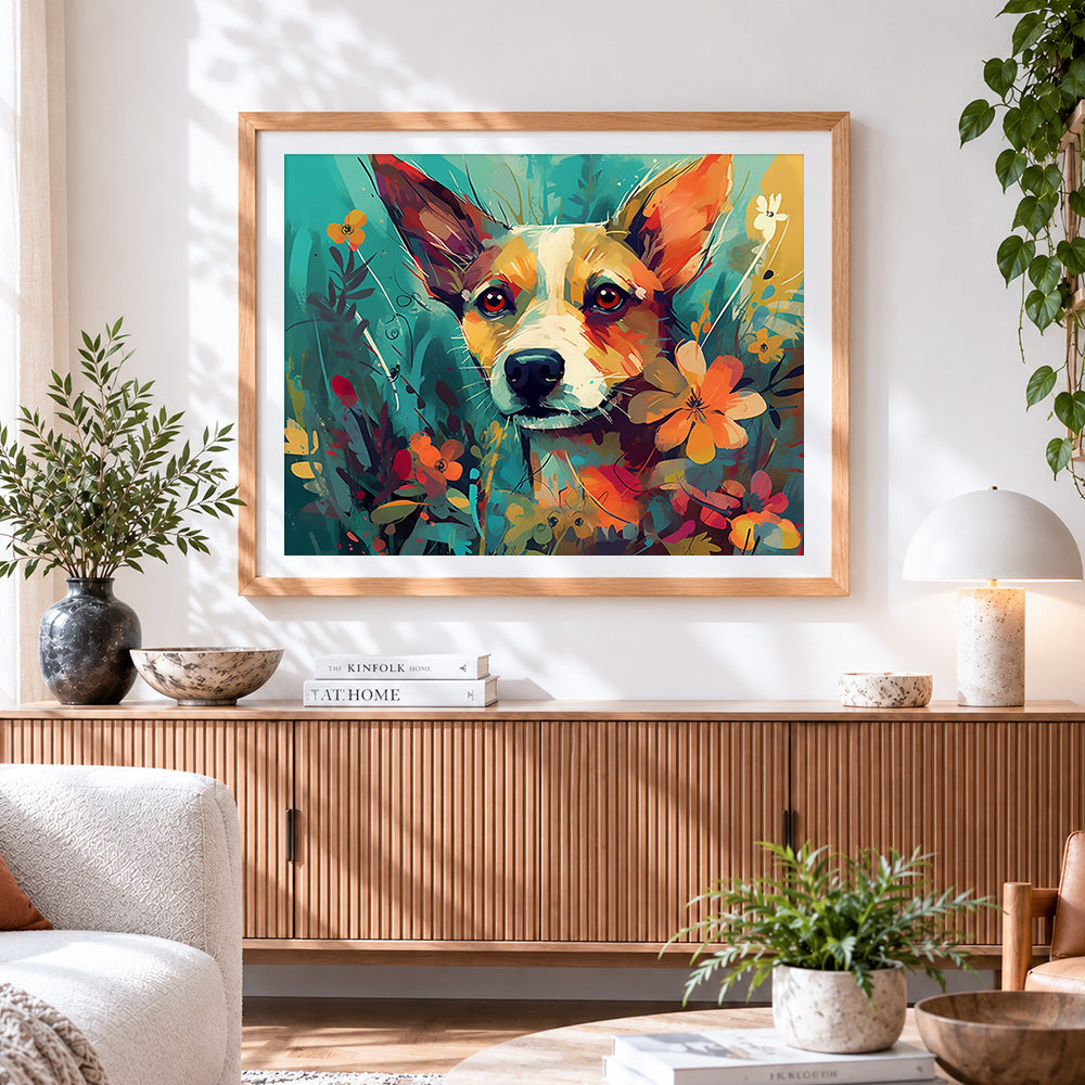 Finished terrier dog among colourful wildflowers paint by numbers artwork displayed as home decor
