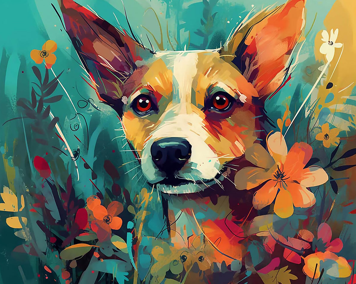 Terrier dog among colourful wildflowers paint by numbers kit for beginners