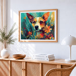 Terrier dog among colourful wildflowers paint by numbers artwork displayed on wall as home decor