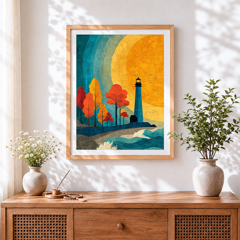 Finished textured lighthouse and autumn trees cross stitch artwork displayed