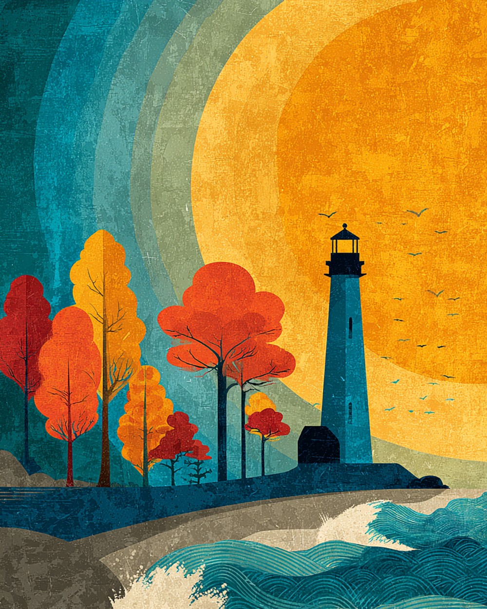 Textured lighthouse and autumn trees cross stitch kit for beginners