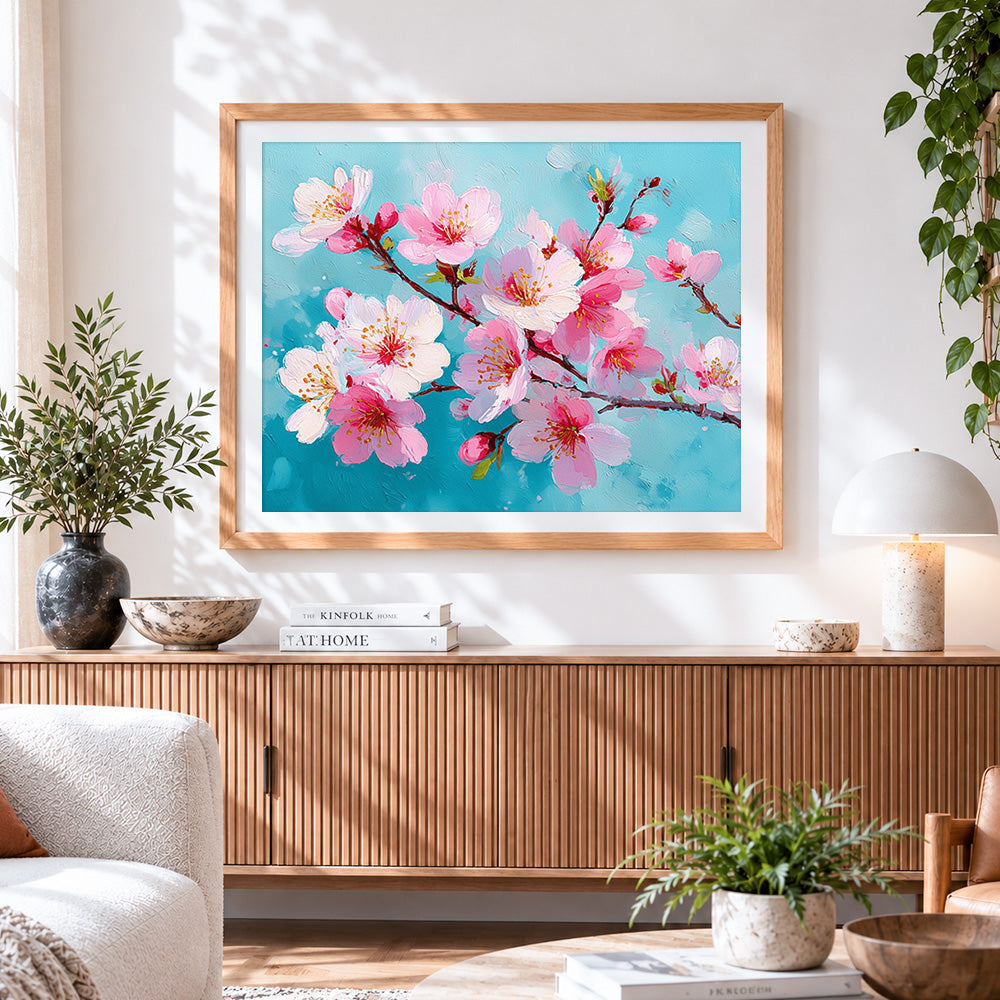 Finished textured pink blossom branches paint by numbers artwork displayed as home decor