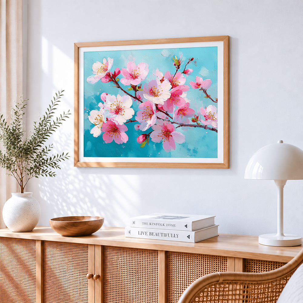 Textured pink blossom branches paint by numbers artwork displayed on wall as home decor
