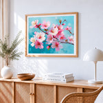 Textured pink blossom branches paint by numbers artwork displayed on wall as home decor