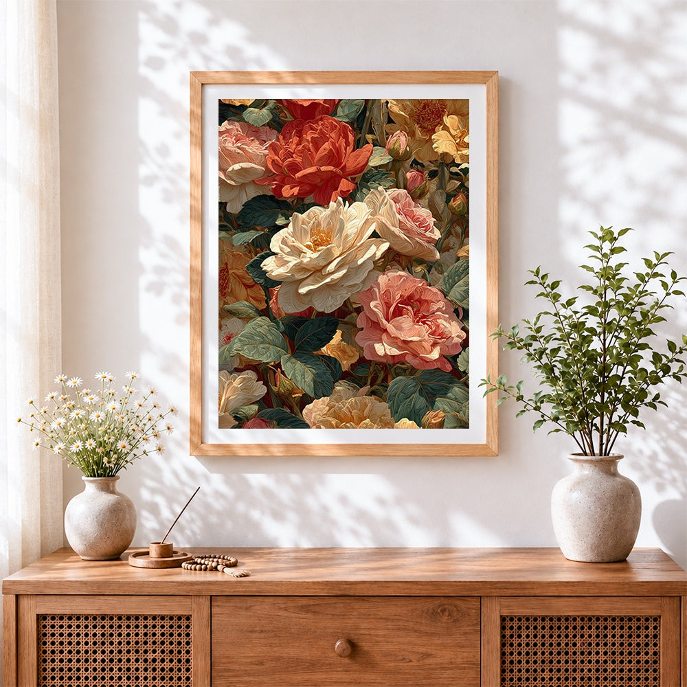 Finished textured roses and leaves cross stitch artwork displayed