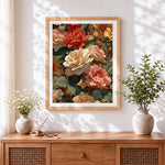 Finished textured roses and leaves cross stitch artwork displayed