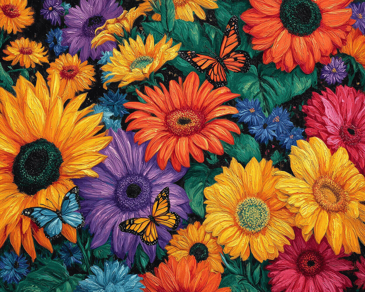 Textured sunflowers dahlias and butterflies cross stitch kit for beginners