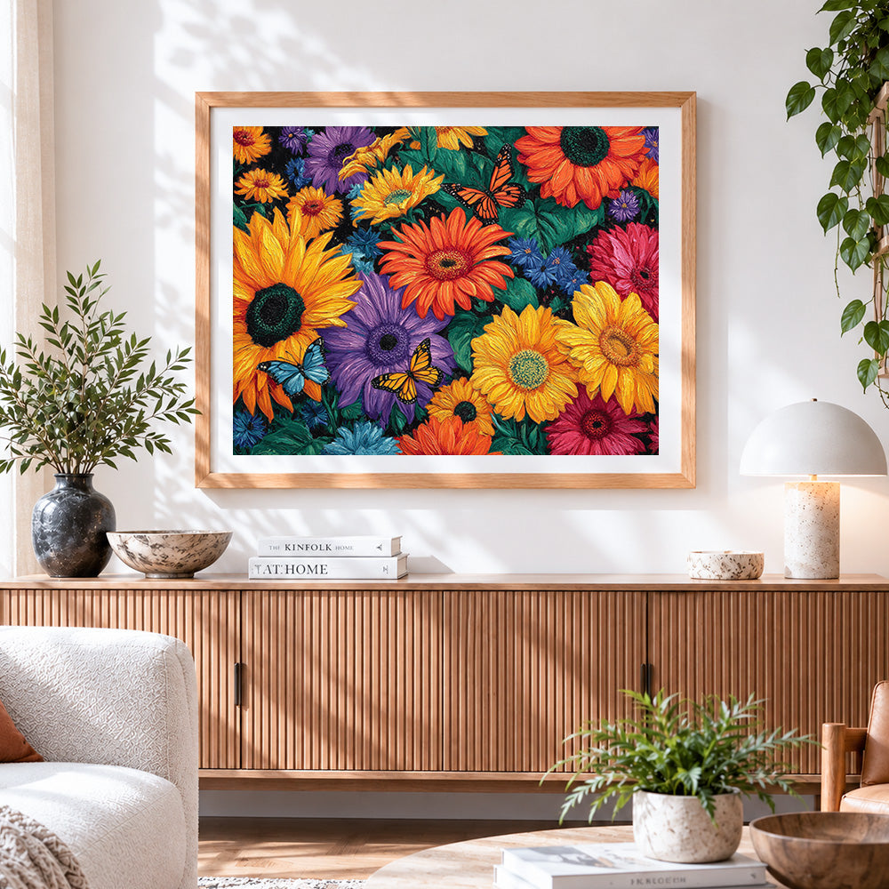 Finished textured sunflowers, dahlias and butterflies paint by numbers artwork displayed as home decor