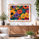 Finished textured sunflowers, dahlias and butterflies paint by numbers artwork displayed as home decor