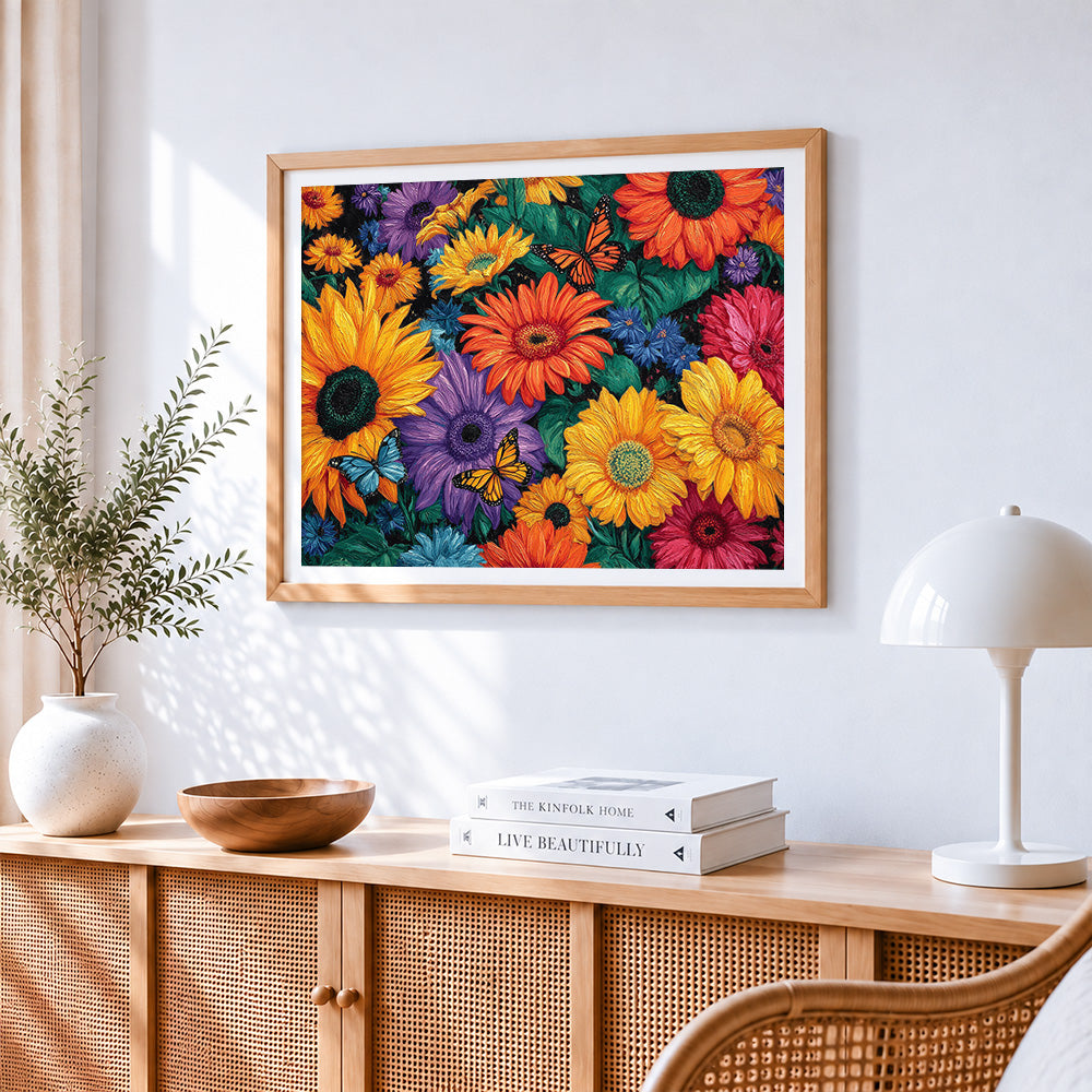 Textured sunflowers, dahlias and butterflies paint by numbers artwork displayed on wall as home decor