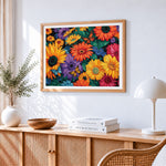 Textured sunflowers, dahlias and butterflies paint by numbers artwork displayed on wall as home decor