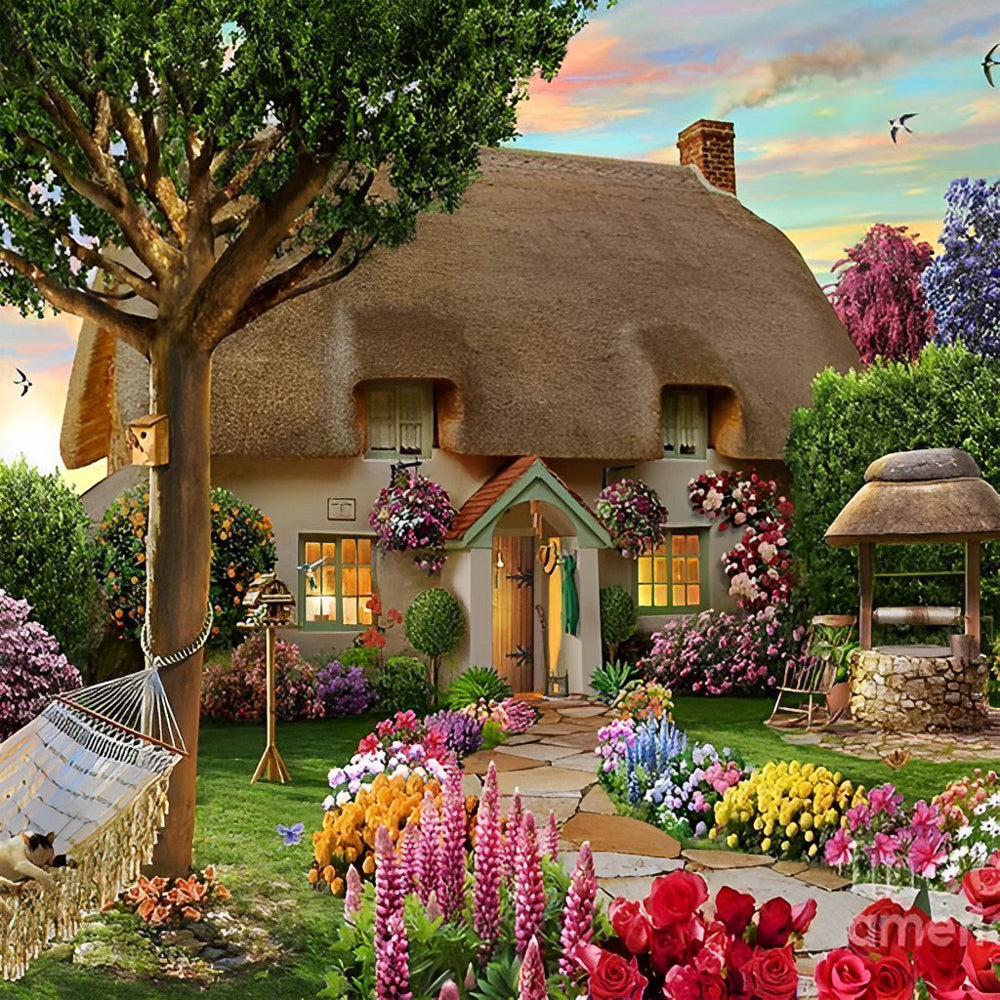 Thatched cottage with hammock cross stitch kit for beginners