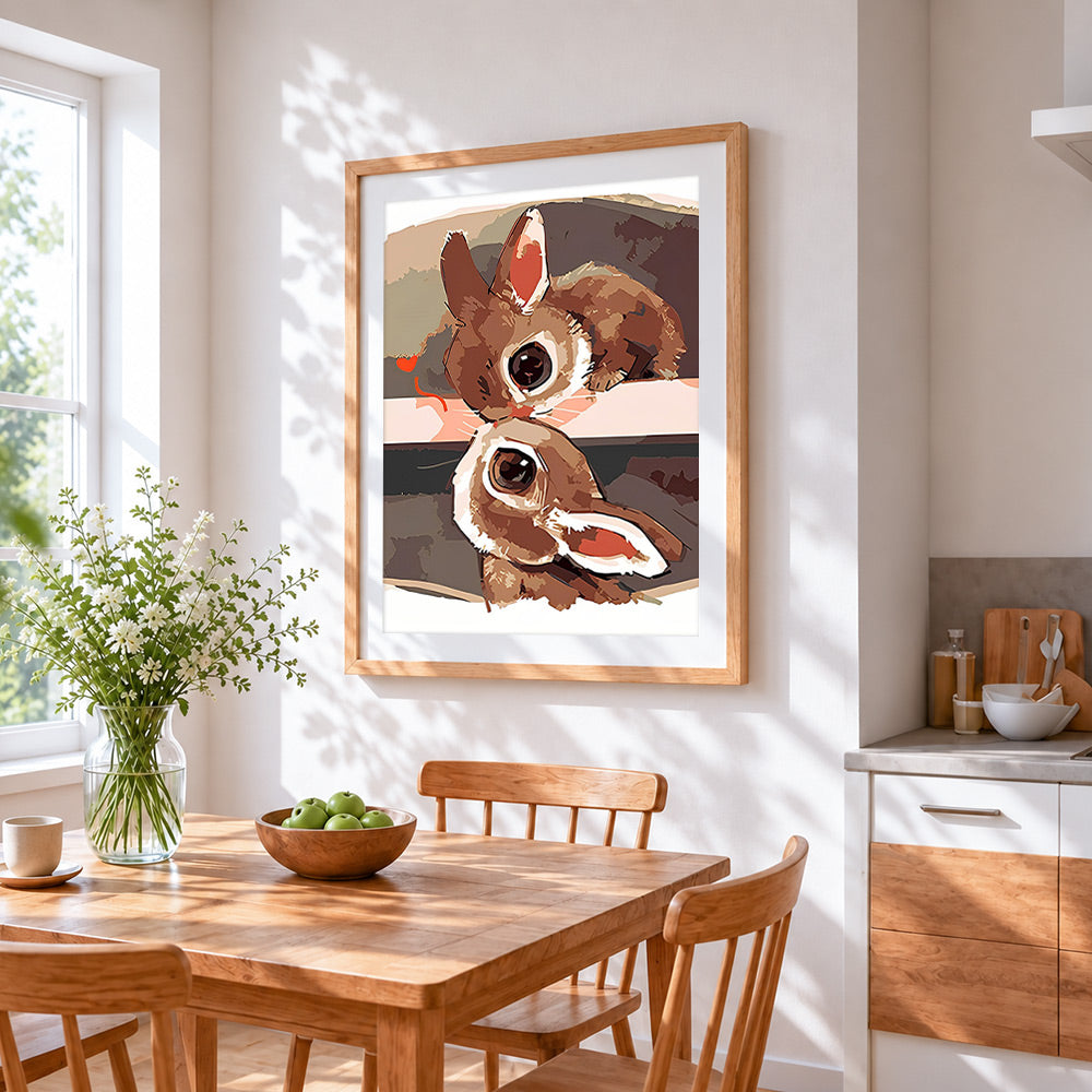 The big eyed bunnies cross stitch artwork displayed on wall as home decor
