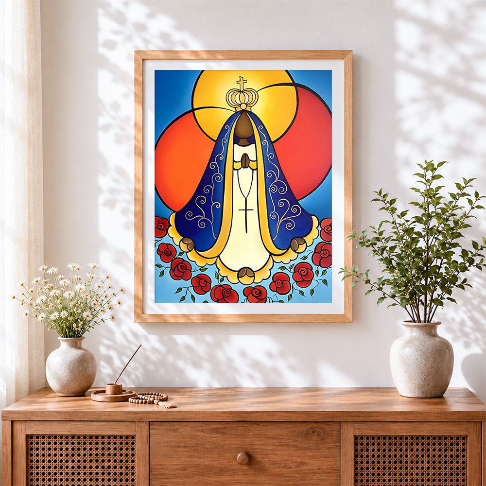 Finished the blessed mother and roses cross stitch artwork displayed