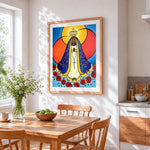 The blessed mother and roses cross stitch artwork displayed on wall as home decor