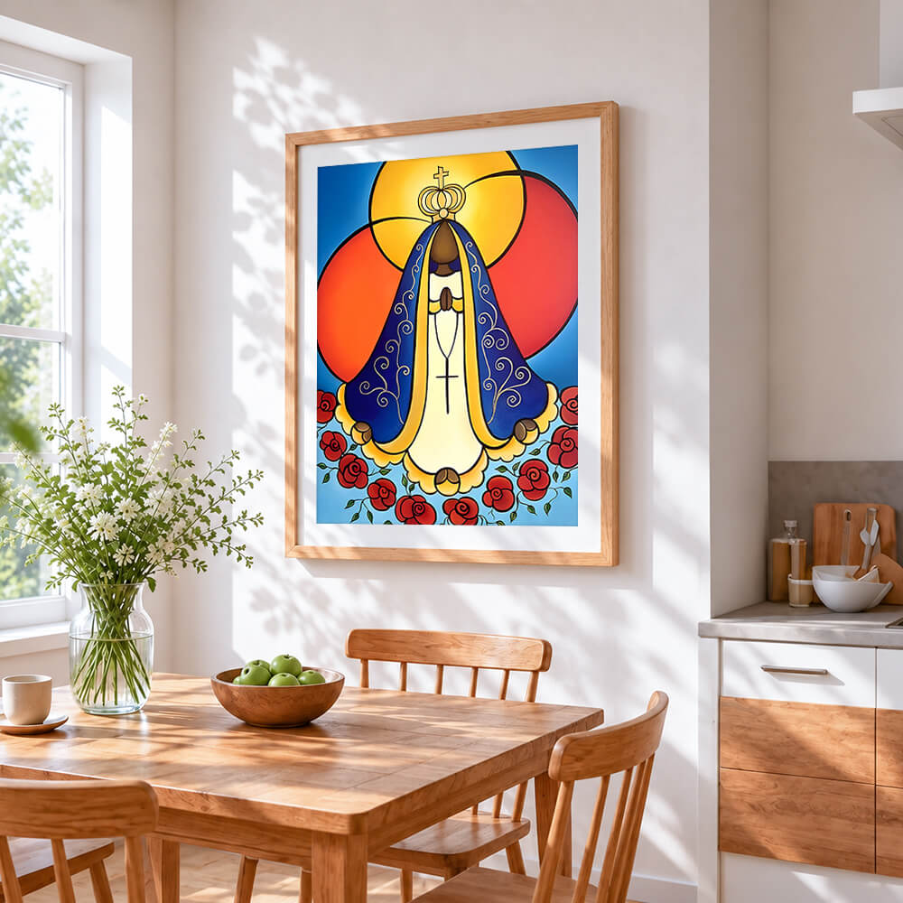 The blessed mother and roses cross stitch artwork displayed on wall as home decor