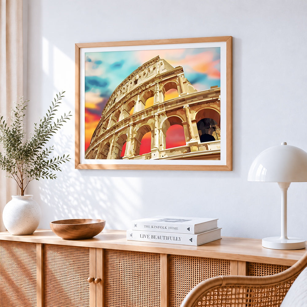The colosseum in rome cross stitch artwork displayed on wall as home decor