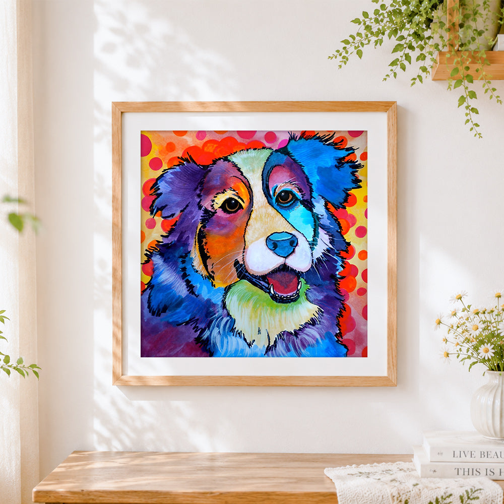 Finished the colourful happy collie cross stitch artwork displayed