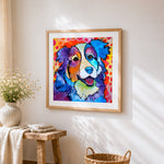 The colourful happy collie cross stitch artwork displayed on wall as home decor