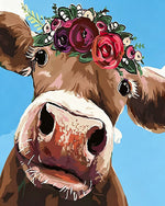 The curious cow with flower crown cross stitch kit for beginners