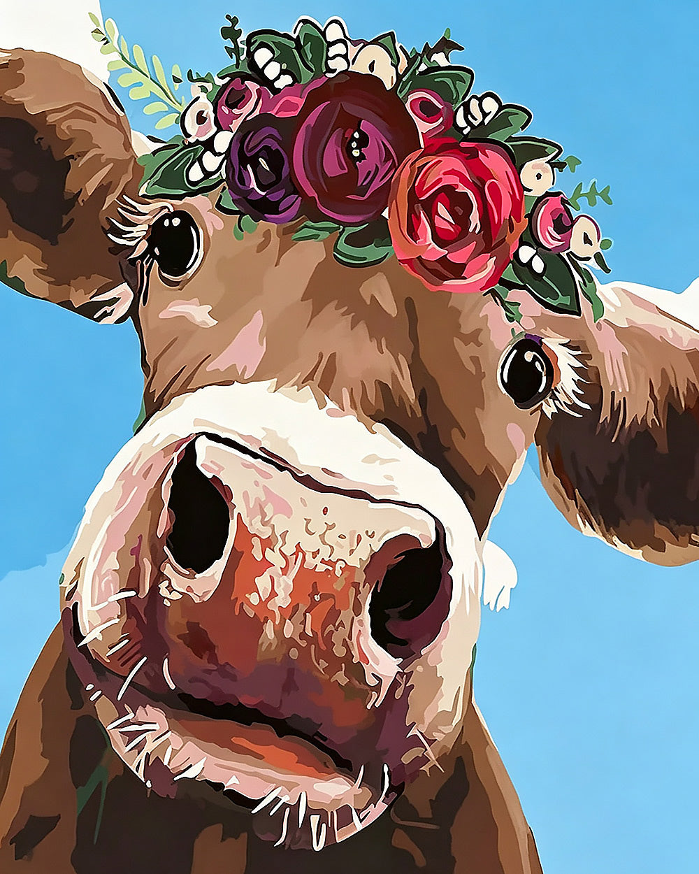The curious cow with flower crown cross stitch kit for beginners