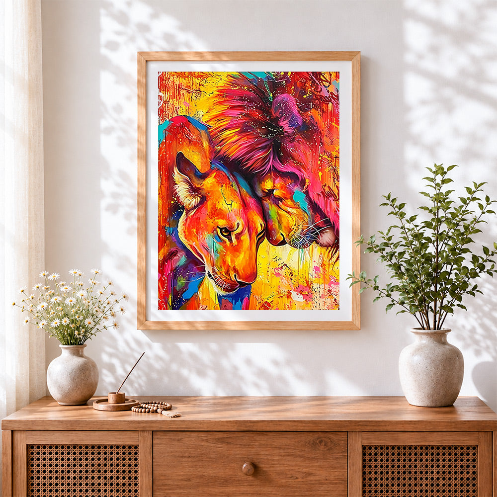 Finished the embrace of lions cross stitch artwork displayed