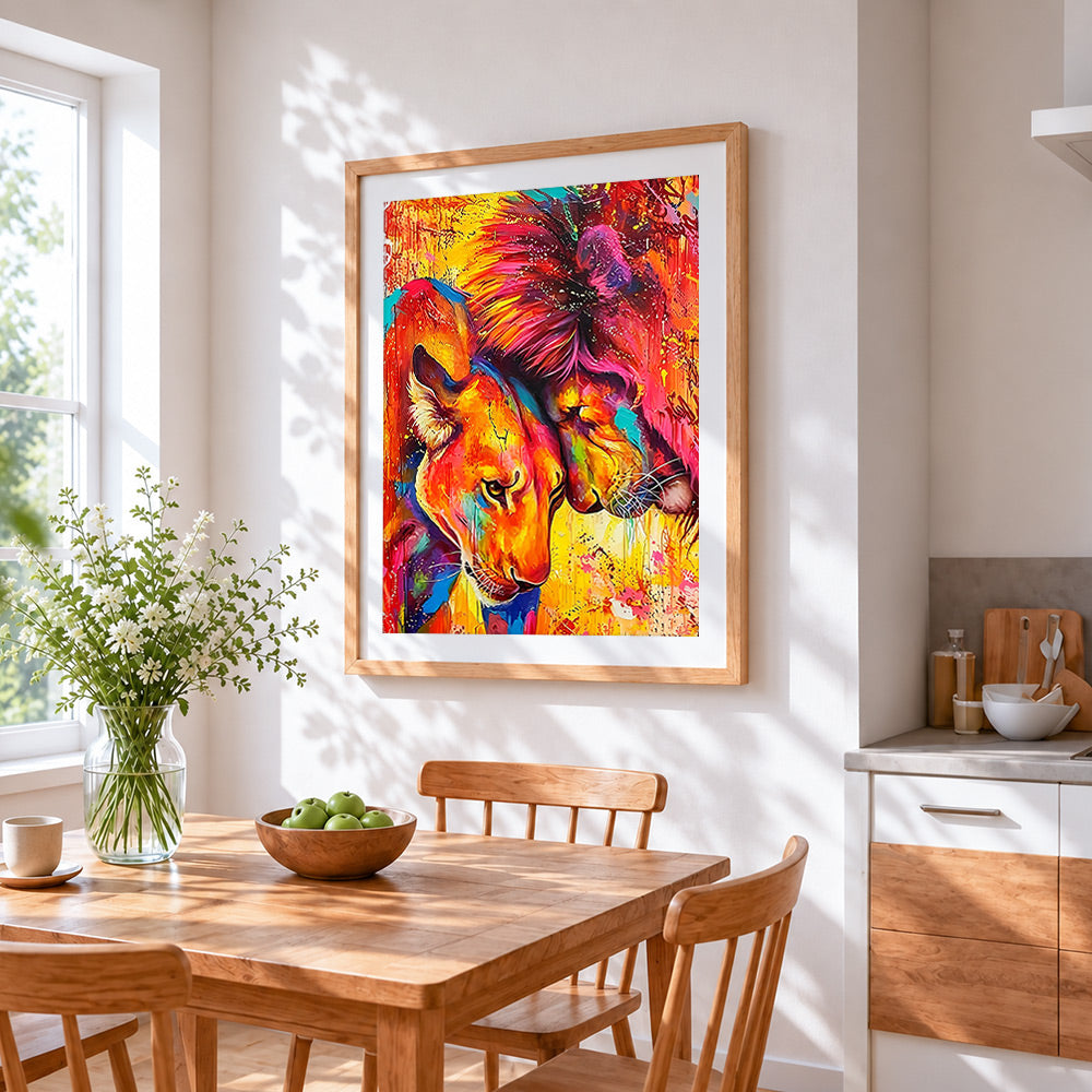 The embrace of lions cross stitch artwork displayed on wall as home decor
