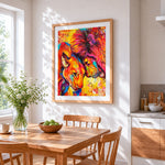 The embrace of lions cross stitch artwork displayed on wall as home decor