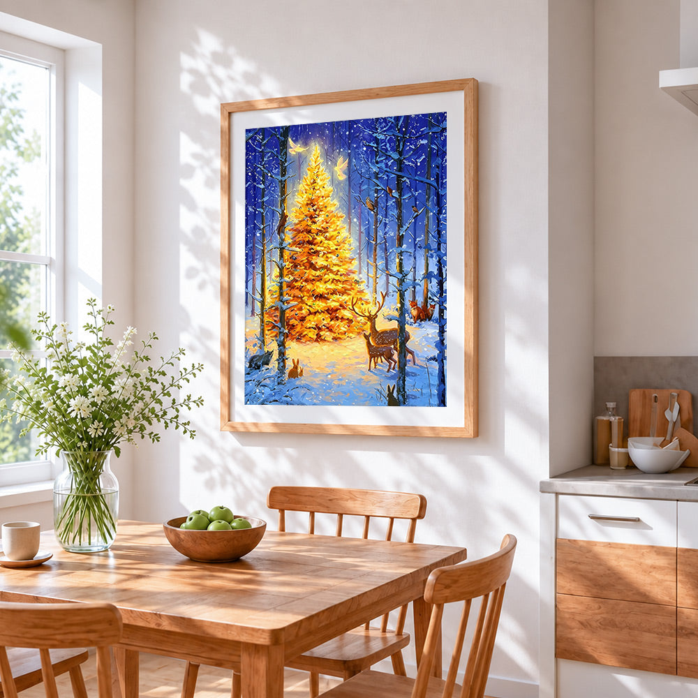 The enchanted christmas tree cross stitch artwork displayed on wall as home decor