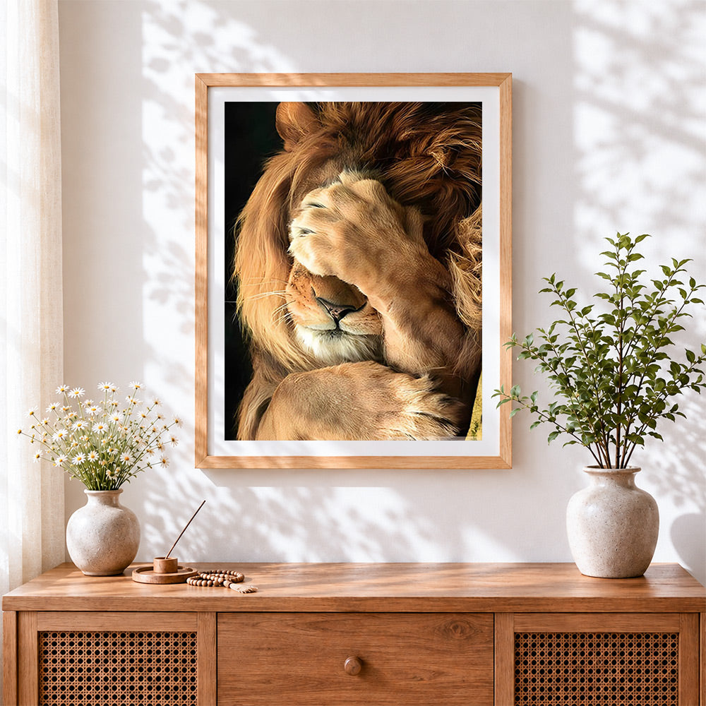 Finished the facepalming lion cross stitch artwork displayed
