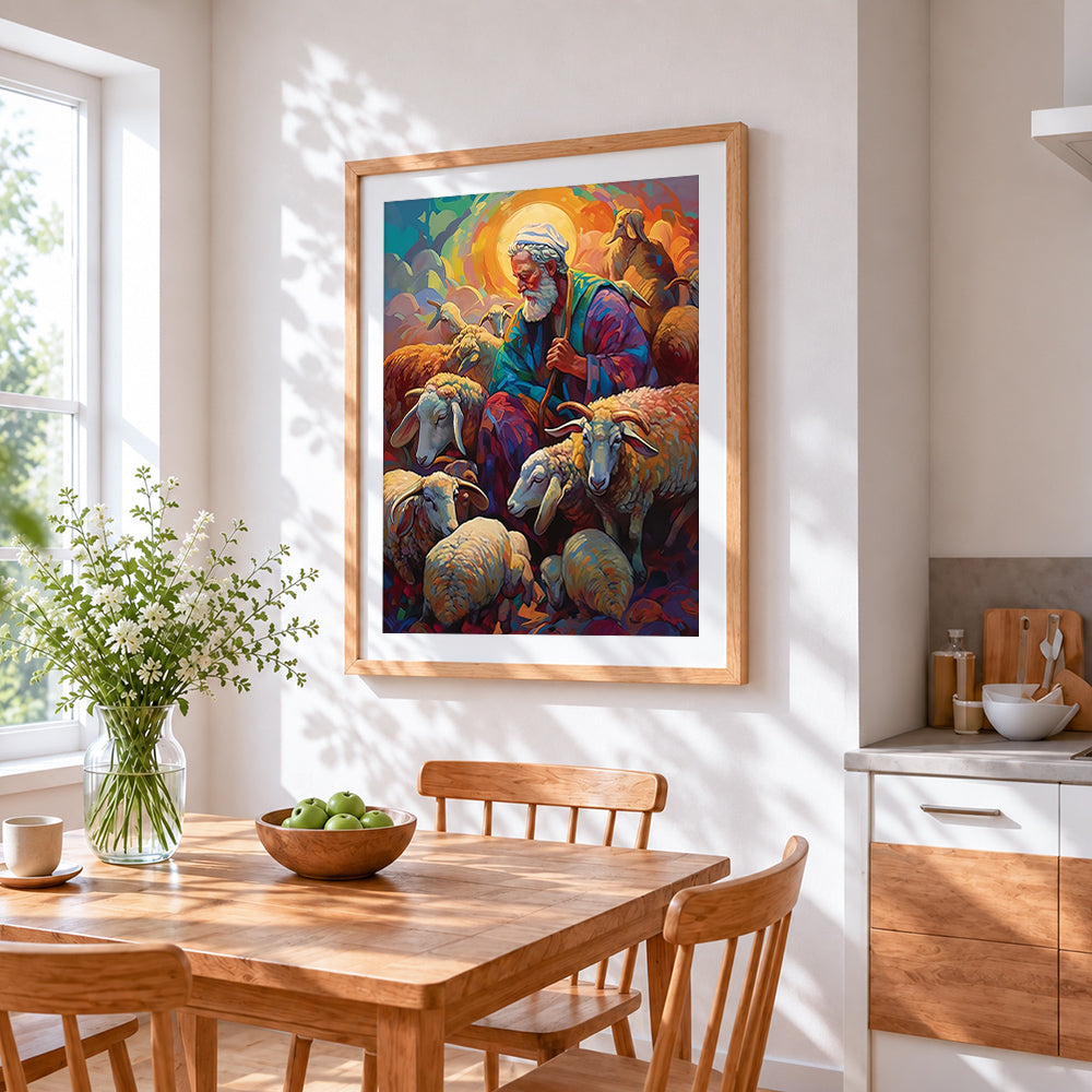 The faithful shepherd cross stitch artwork displayed on wall as home decor