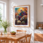 The faithful shepherd cross stitch artwork displayed on wall as home decor