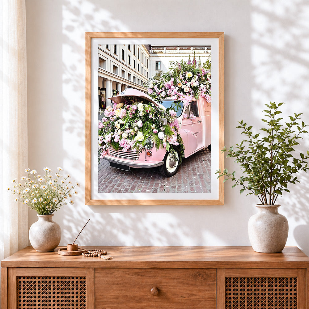 Finished the flower filled car cross stitch artwork displayed