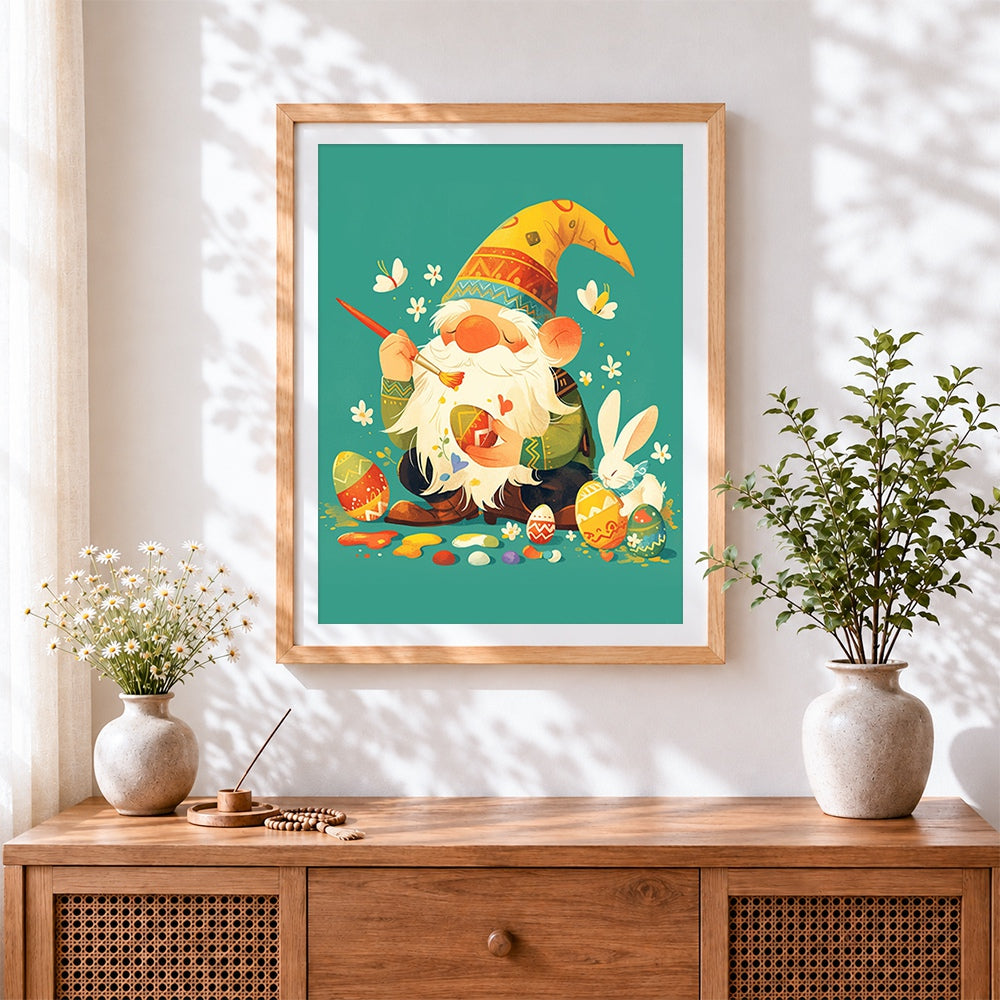 Finished the gnome's easter preparations cross stitch artwork displayed
