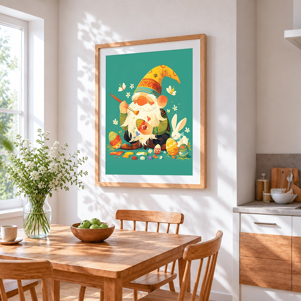 The gnome's easter preparations cross stitch artwork displayed on wall as home decor