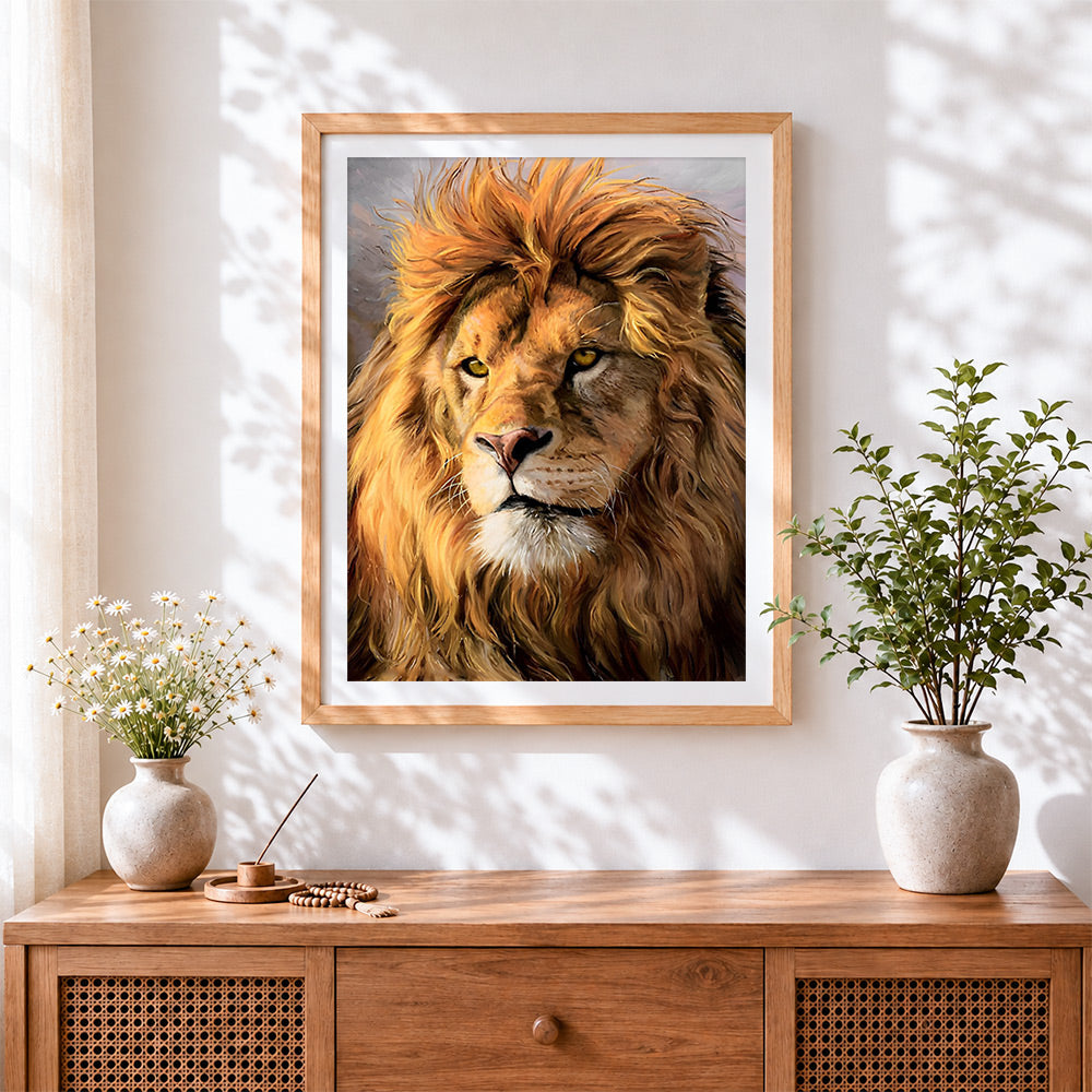 Finished the golden maned lion cross stitch artwork displayed