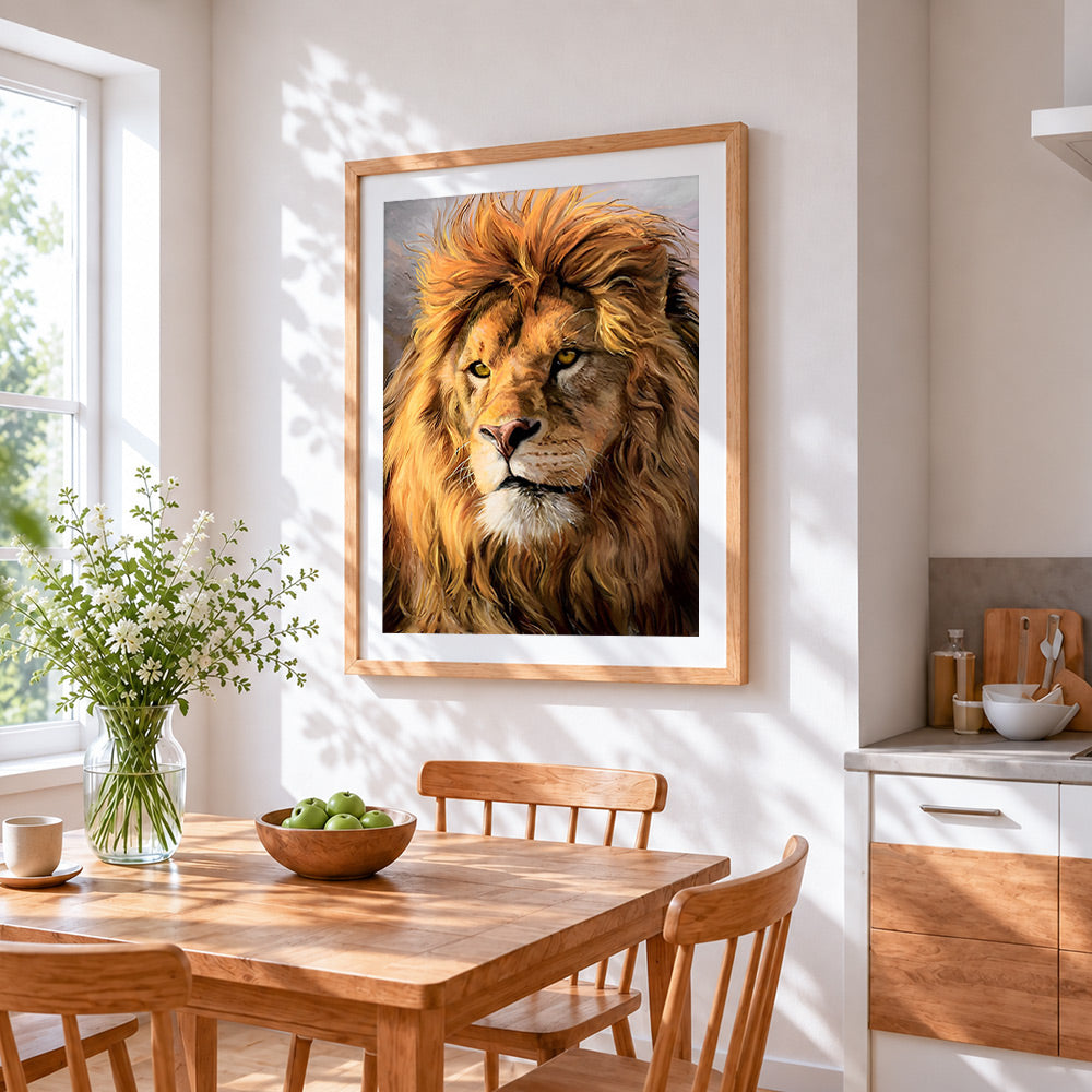 The golden maned lion cross stitch artwork displayed on wall as home decor