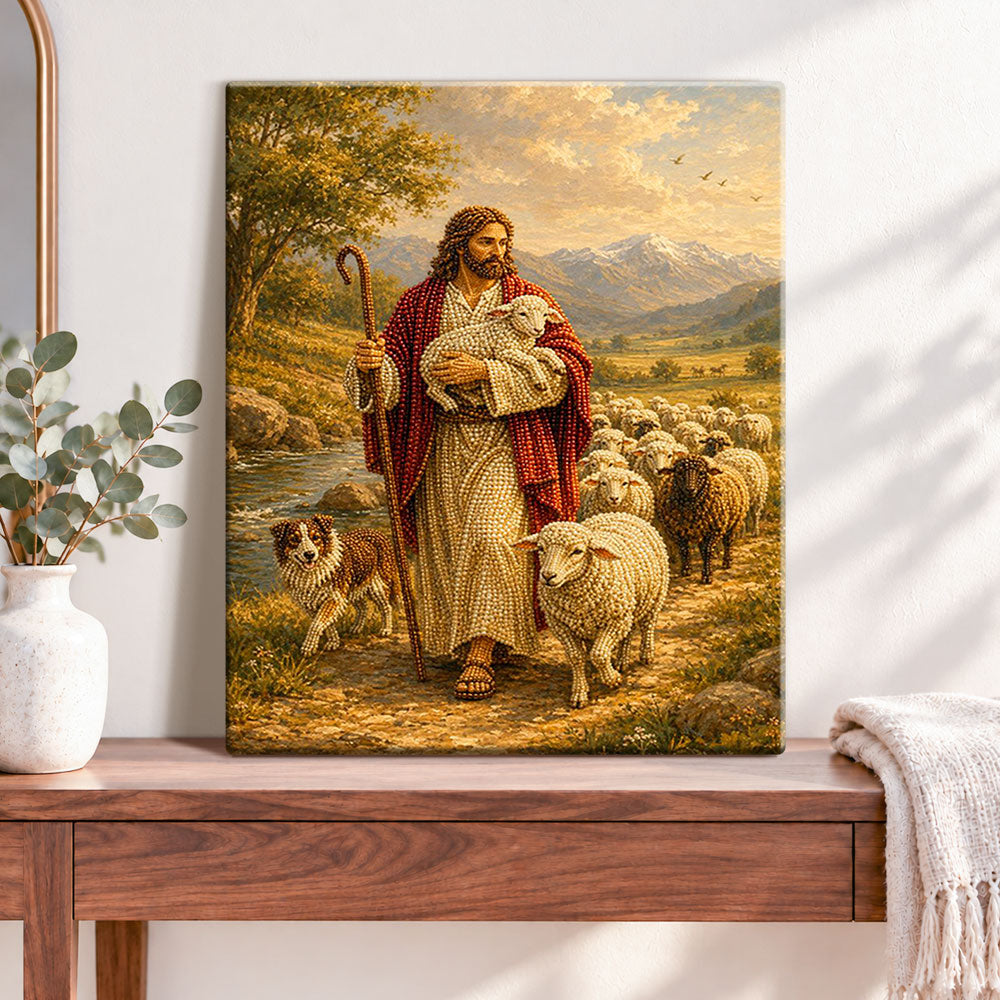 Finished the good shepherd pearl diamond painting artwork displayed as home decor