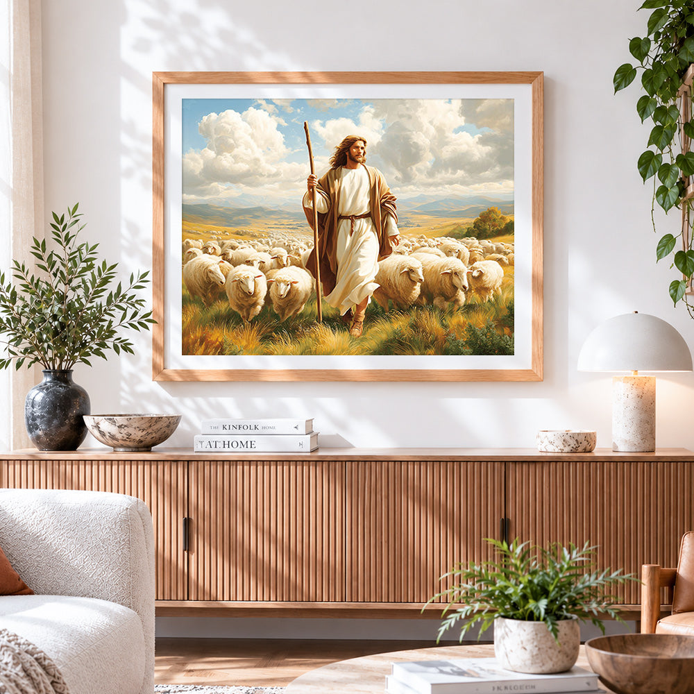 Finished The good shepherd with his flock cross stitch artwork displayed