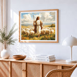 The good shepherd with his flock cross stitch artwork displayed on wall as home decor