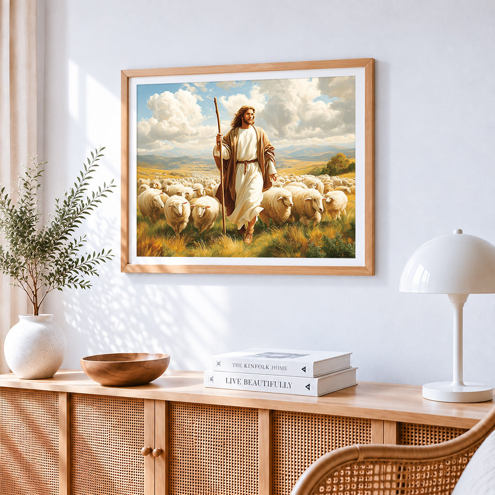 The good shepherd with his flock paint by numbers artwork displayed on wall as home decor