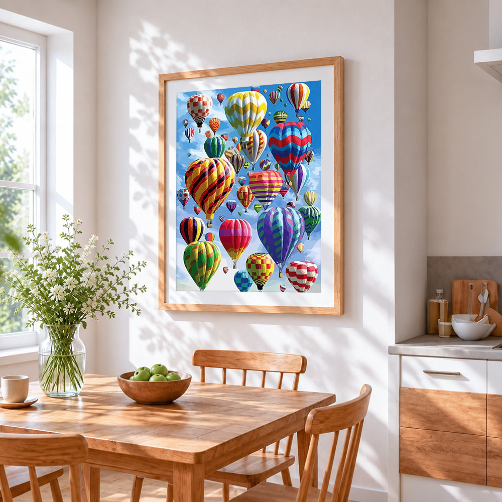 The great balloon ascension cross stitch artwork displayed on wall as home decor
