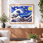 Finished the great wave and starry night mashup cross stitch artwork displayed