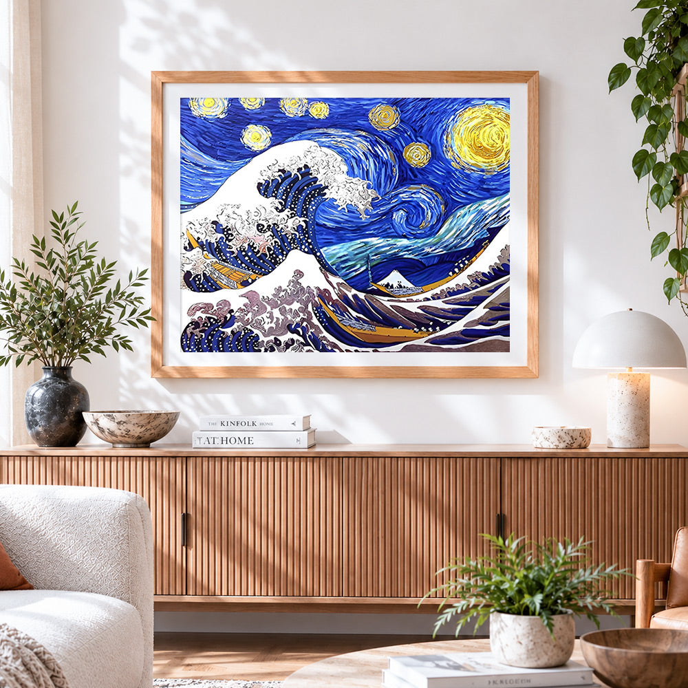 Finished the great wave and starry night mashup cross stitch artwork displayed