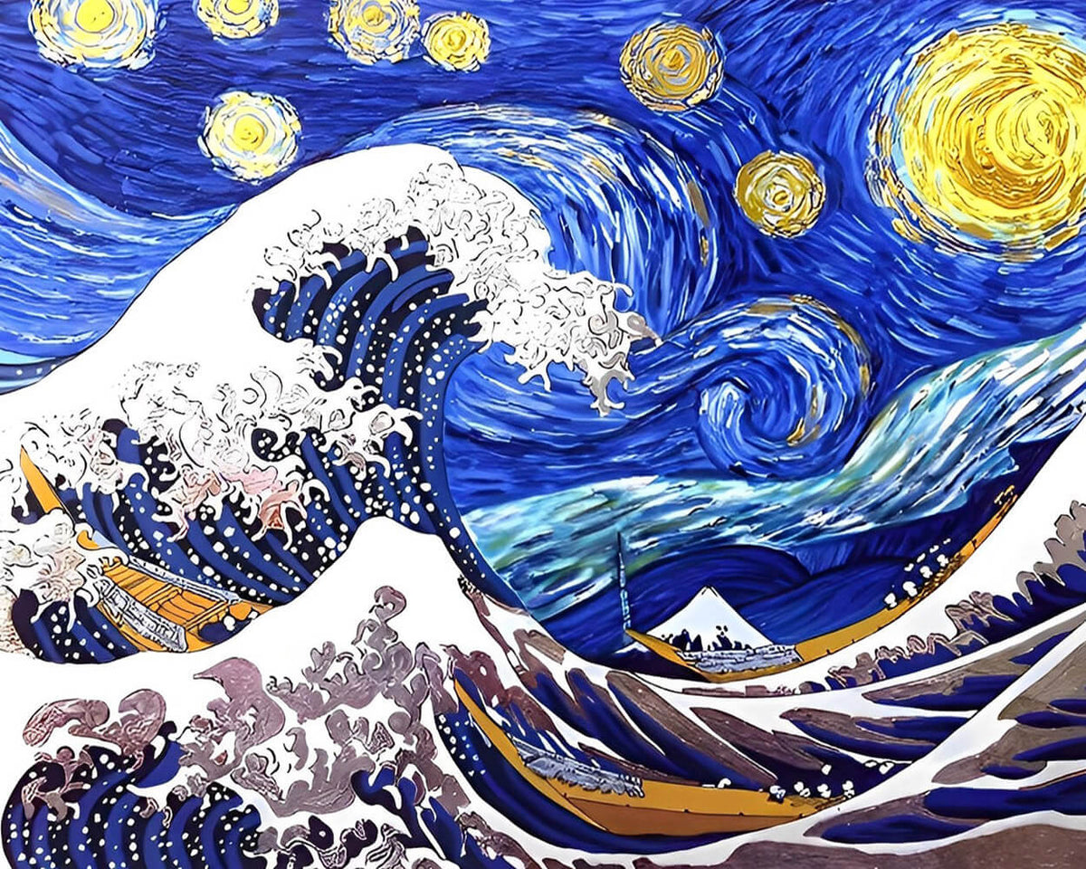 The great wave and starry night mashup cross stitch kit for beginners