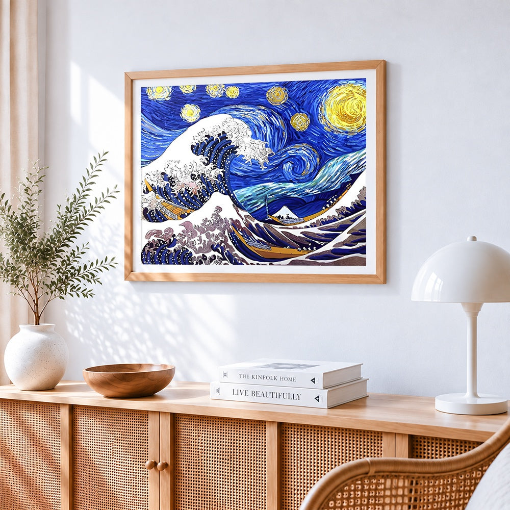 The great wave and starry night mashup cross stitch artwork displayed on wall as home decor