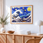 The great wave and starry night mashup cross stitch artwork displayed on wall as home decor