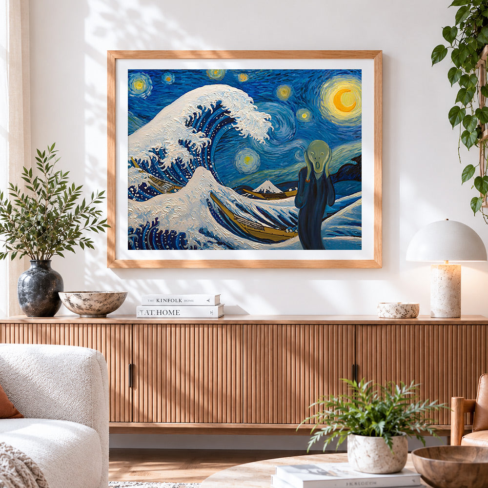 Finished the great wave and the scream mashup cross stitch artwork displayed